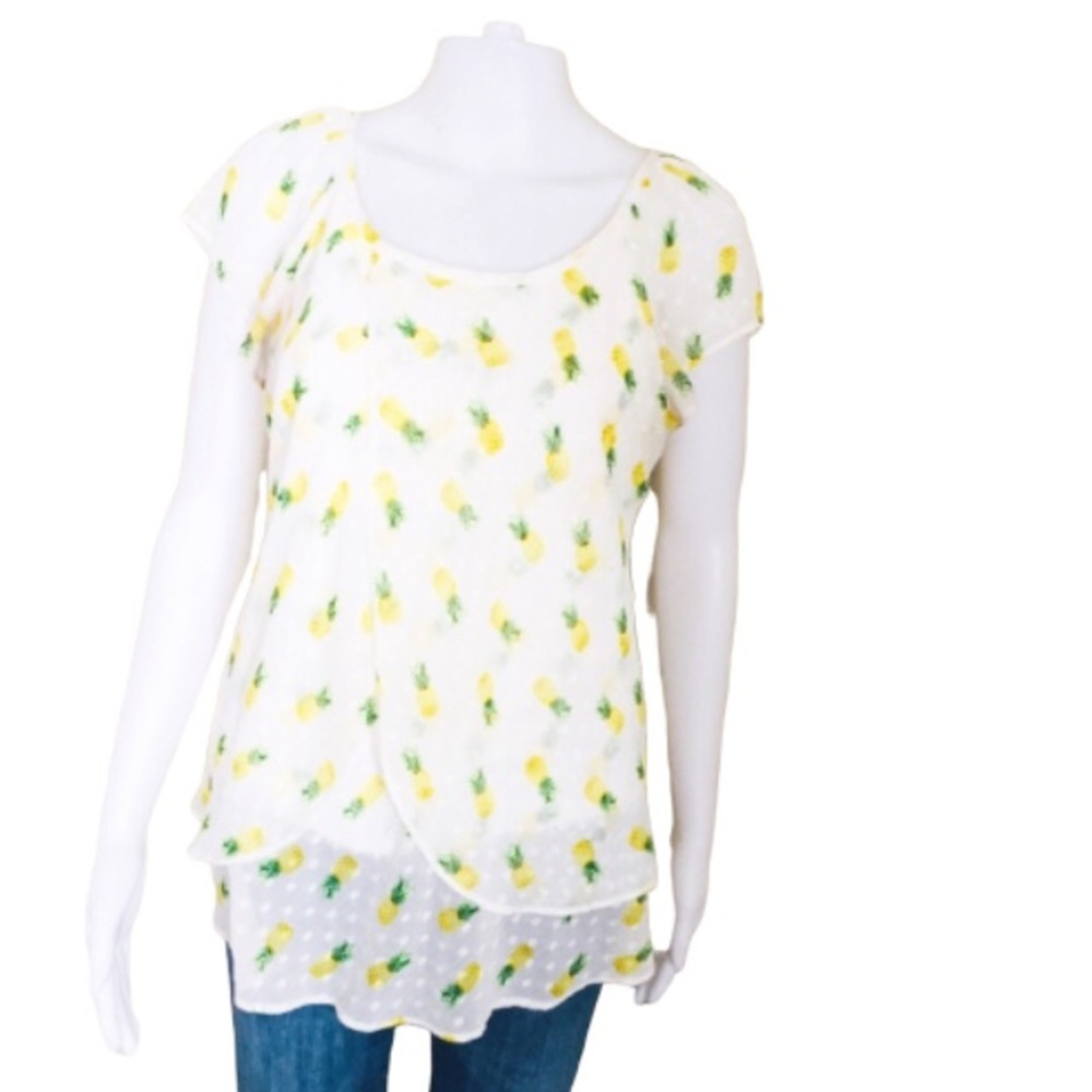 TAMARA H Polka Dot Flutter Blouse/Top With Pineapple Print Ivory/Yellow Medium